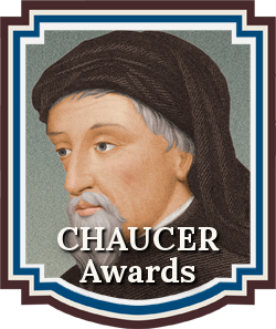 A picture of Geoffery Chaucer as a white man with a gray goatee with the words "Chaucer Awards" across the bottom