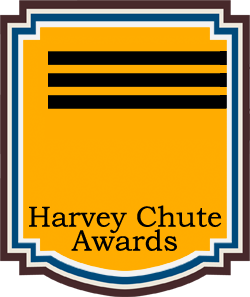 A yellow badge with three black lines that says "Harvey Chute Awards" across the bottom