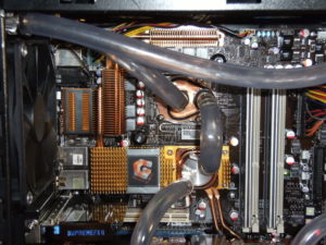 A complicated motherboard with hardware. 