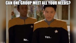 Commander Tuvok and Ensign Kim of the USS Voyager answering the question "Can one group meet all your needs?" with No and Yes respectively. 