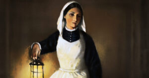Florence Nightingale with a lamp wearing a black and white habit for whom Nurses Day is celebrated