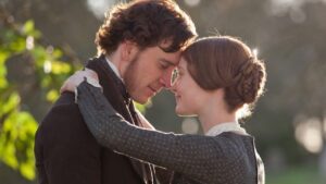 Jane Eyre and Mr. Rochester about to kiss