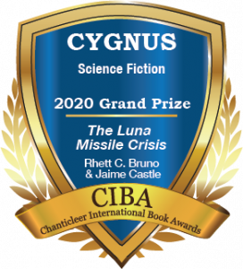 Blue and gold Grand Prize Winner Badge for Cygnus Science Fiction The Luna Missile Crisis by Rhett C. Bruno & Jaime Castle