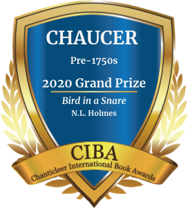 Gold and blue Grand Prize badge for the 2020 Chaucer Awards won by N.L. Holmes' Bird in a Snare
