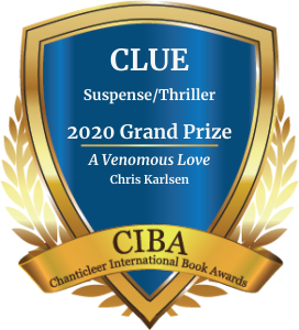 Blue and Gold Grand Prize 2020 Clue Awards Badge for Chris Karlsen's A Venomous Love