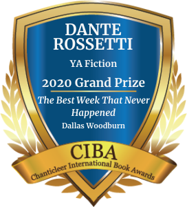 Blue and Gold Grand Prize 2020 Winner Badge for the Dante Rossetti Awards for The best week that never happened by Dallas Woodburn