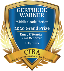 Blue and Gold badge for the Gertrude Warner Grand Prize Winner in Middle Grade Fiction, Kelly Oliver for Kassy O'Roarke, Cub Reporter
