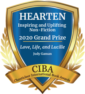 Blue and Gold Badge for the 2020 Grand Prize Hearten Awards Love, Life, and Lucille by Judy Gaman