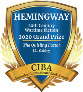 Blue and Gold Grand Prize Winner Badge for the 2020 Hemingway Awards for JL Oakley's The Quisling Factor