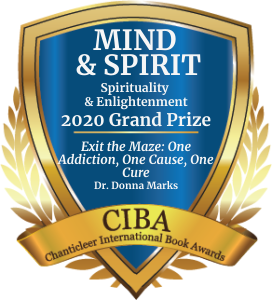 Blue and Gold badge for the Mind and Spirit 2020 Grand Prize Winner for Dr. Donna Marks' EXIT the MAZE: One Addiction, One Cause, One Cure