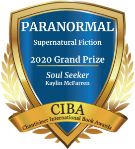 Blue and gold badge for the 2020 Paranormal Grand Prize Winner, Kaylin McFarren for Soul Seeker