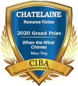 A blue and gold badge for the 2020 Grand Prize Winner for Chatelaine Romantic Fiction When the Wind Chimes by Mary Ting