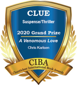 Blue and gold Grand Prize Winner Badge for Clue Suspense Thriller A Venomous Love by Chris Karlson