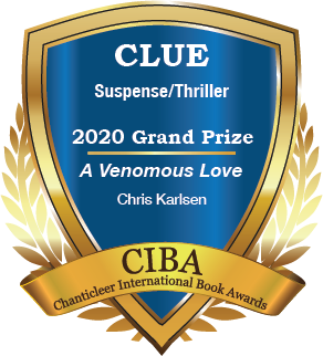 Blue and gold Grand Prize Winner Badge for Clue Suspense Thriller A Venomous Love by Chris Karlson