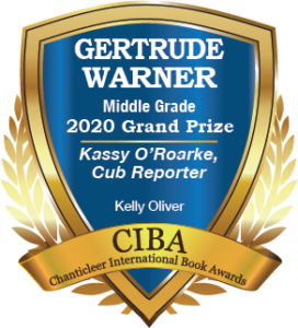 A blue and gold badge for the 2020 Grand Prize Winner for Gertrude Warner Middle Grade Readers Kassy O’Roarke, Cub Reporter by Kelly Oliver