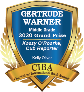 A blue and gold badge for the 2020 Grand Prize Winner for Gertrude Warner Middle Grade Readers Kassy O’Roarke, Cub Reporter by Kelly Oliver