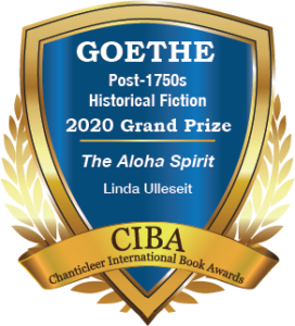 A blue and gold badge for the 2020 Grand Prize Winner for Goethe Post-1750s The Aloha Spirit by Linda Ulleseit