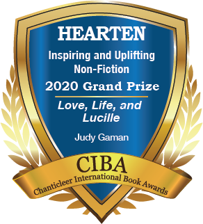 A blue and gold badge for the 2020 Grand Prize Winner for Hearten, inspiring and uplifting Non-Fiction is Love, Life, and Lucille by Judy Gaman