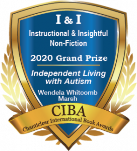 A blue and gold badge for the 2020 Grand Prize Winner for I & I Instructional and Insight Living Independently with Autism by Wendela Marsh