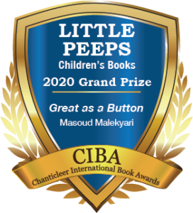 A blue and gold badge for the 2020 Grand Prize Winner for Little Peeps Children’s Books Great as a Button by Masoud Malekyari