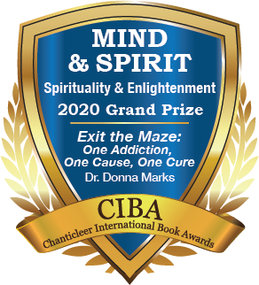 A blue and gold badge for the 2020 Grand Prize Winner for Mind & Spirit Spirituality & Enlightenment for Exit the Maze by Dr. Donna Marks