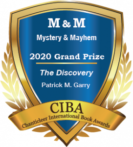 Blue and gold Grand Prize Winner Badge for M & M Mystery and Mayhem The Discovery by Patrick M. Garry