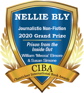 A blue and gold badge for the 2020 Grand Prize Winner for Nellie Bly Journalistic Fiction, Prison from the Inside Out by William ‘Mecca’ Elmore & Susan Simone