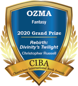 Blue and gold Grand Prize Winner Badge for Ozma Fantasy for Divinity's Twilight: Rebirth by Christopher Russell