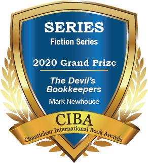 A blue and gold badge for the 2020 Grand Prize Winner for Book Series Fiction Series, The Devil’s Bookkeepers by Mark Newhouse