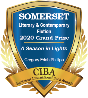 A blue and gold badge for the 2020 Grand Prize Winner for Somerset Literary and Contemporary Fiction A Season in Lights By Gregory Erich Phillips