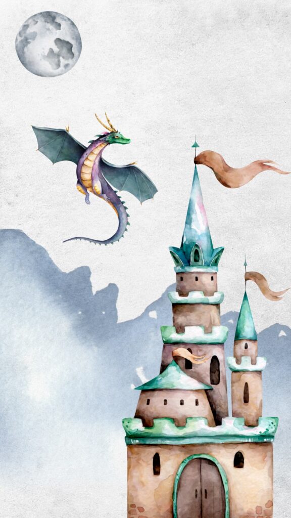 A Fantasy scene of a dragon flying over a castle