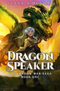 A white-haired girl standing in front of a green dragon