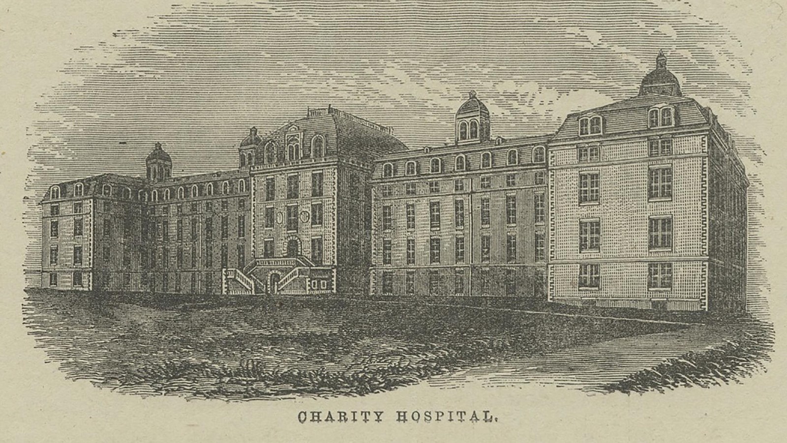 A charcoal-like drawing of a many leveled institute labeled "Charity Hospital"