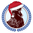 The Chaicleer Rooster logo wearing a santa hat