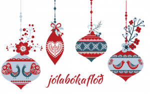 Holiday ornaments over the word Jolabokaflod