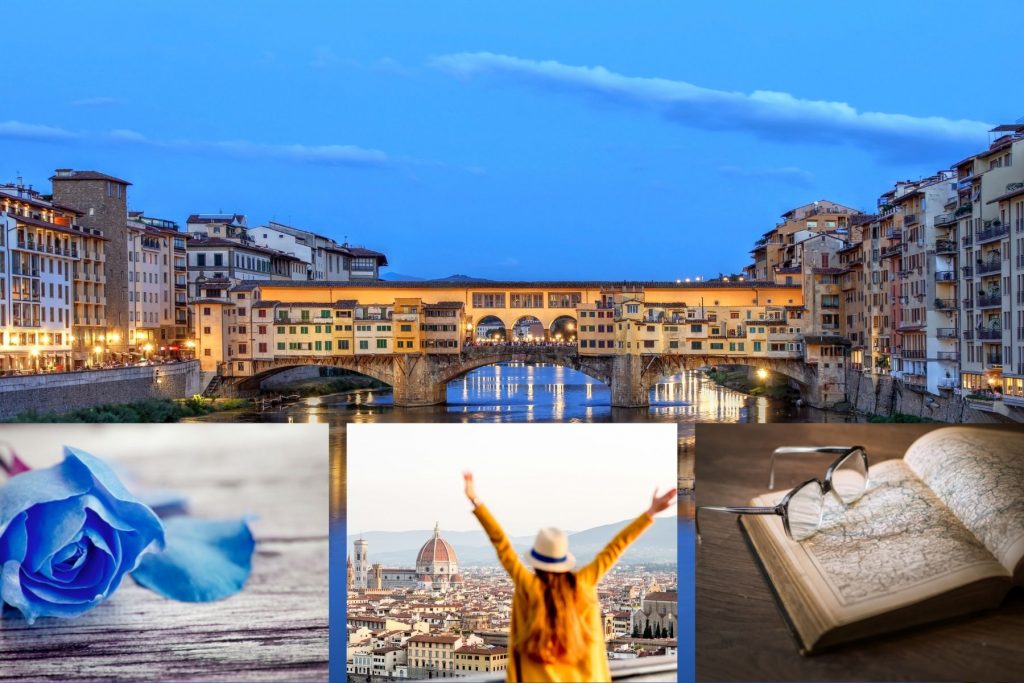 Florence background with blue flowers, a happy traveler, and a pair of glasses on a book