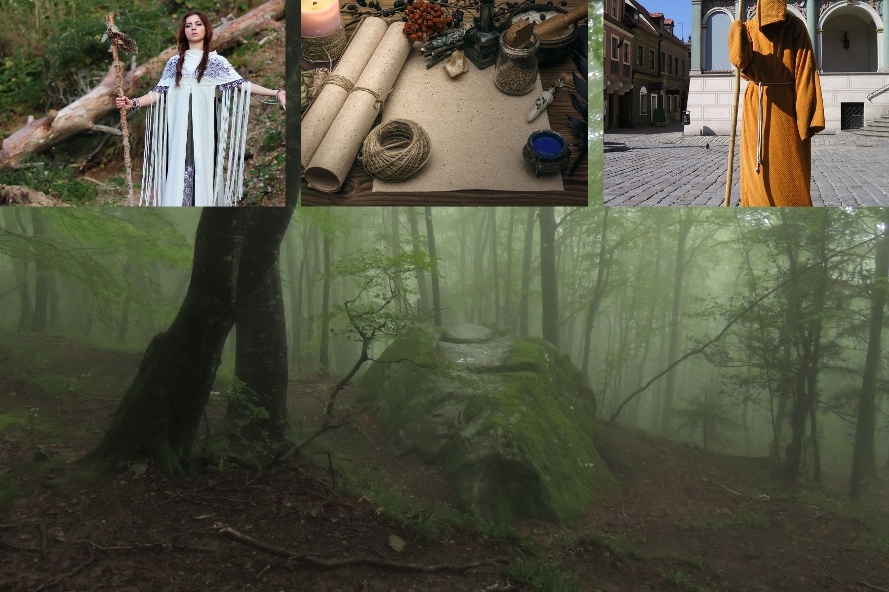 A verdant forest background with a druid, a druid goddess, and a scroll with herbs