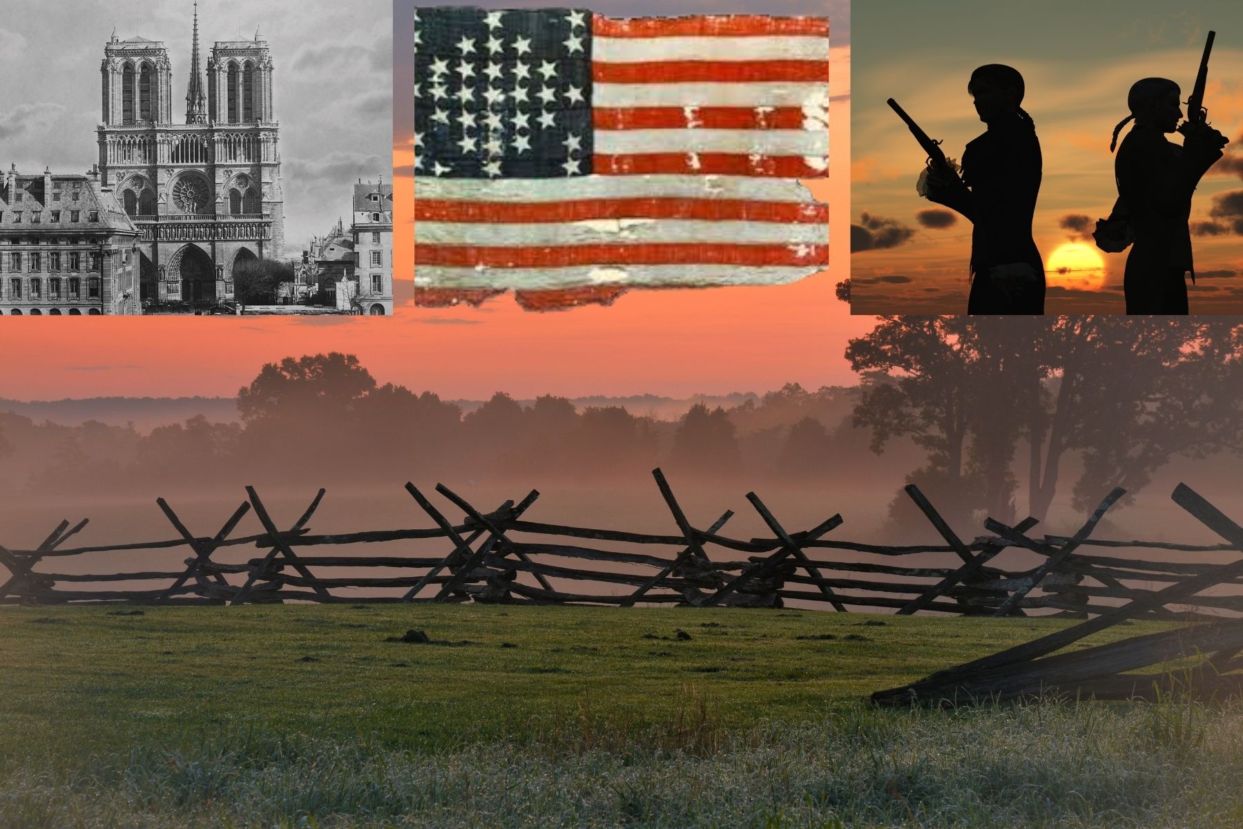 The Background of battlefield. The Sacre Couer from 1860s, Union Flag, and two people ready for a duel