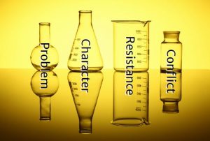 Various Vials with the words Problem, Charcter, Resistance, and Conflict inside them