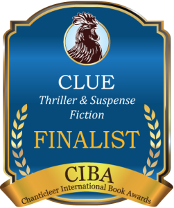 Blue and Gold badge for the clue finalists for suspense/thriller