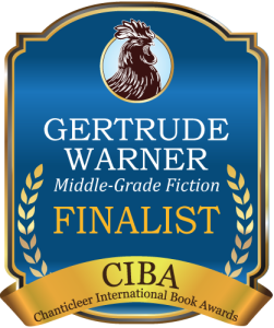 Blue and Gold badge for finalists of Gertrude Warner Awards for Middle Grade fiction