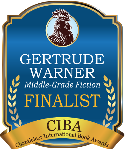 Blue and Gold badge for finalists of Gertrude Warner Awards for Middle Grade fiction