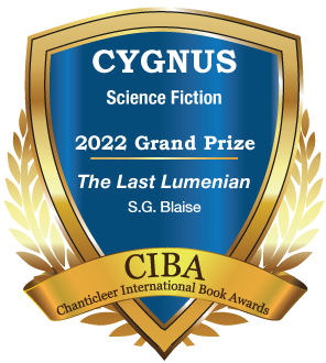 The Blue and Gold Badge for the Cygnus 2022 Grand Prize Book Award for the CIBAs The Last Lumenian by S.G. Blaise