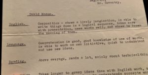 Mason's report card showing his writing chops early on.