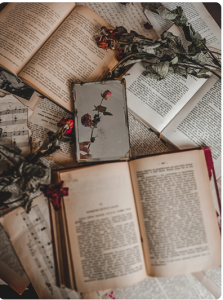 Photo of dried roses, and books.