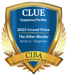 blue and gold badge recognizing The Other Murder by Kevin G Chapman for winning the 2023 Clue grand prize