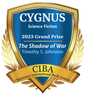 Blue And Gold badge recognizing The Shadow of War by Timothy S. Johnston for winning the 2023 Cygnus Grand Prize