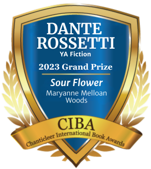 blue and gold badge recognizing Sour Flower by Maryanne Melloan Woods for winning the 2023 Dante Rossetti Grand Prize