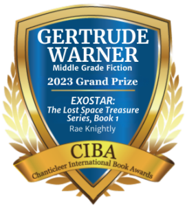 Blue and Gold Badge Recognizing EXOSTAR: The Lost Space Treasure Series, Book 1 by Rae Knightly for Winning the 2023 Gertrude Warner Grand Prize