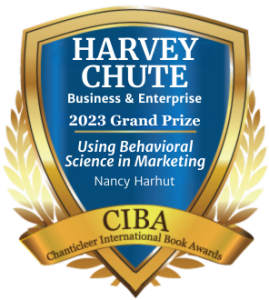 blue and gold badge recognizing Using Behavioral Science in Marketing by Nancy Harhut for winning the 2023 Harvey Chute Grand Prize